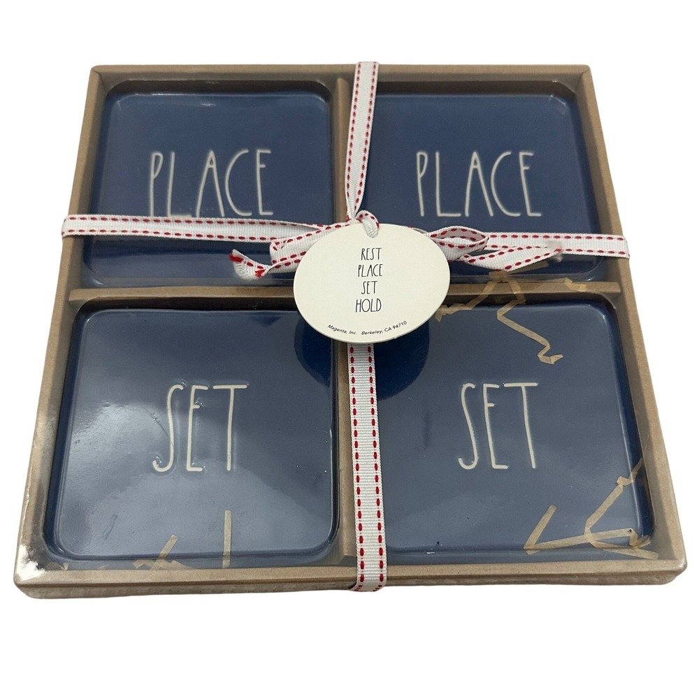 Rae Dunn Navy Blue Ceramic Coasters Set of 4 Place Set Artisan Collection New